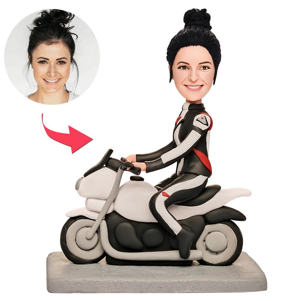 Female Motorcyclist Custom Bobblehead With Engraved Text