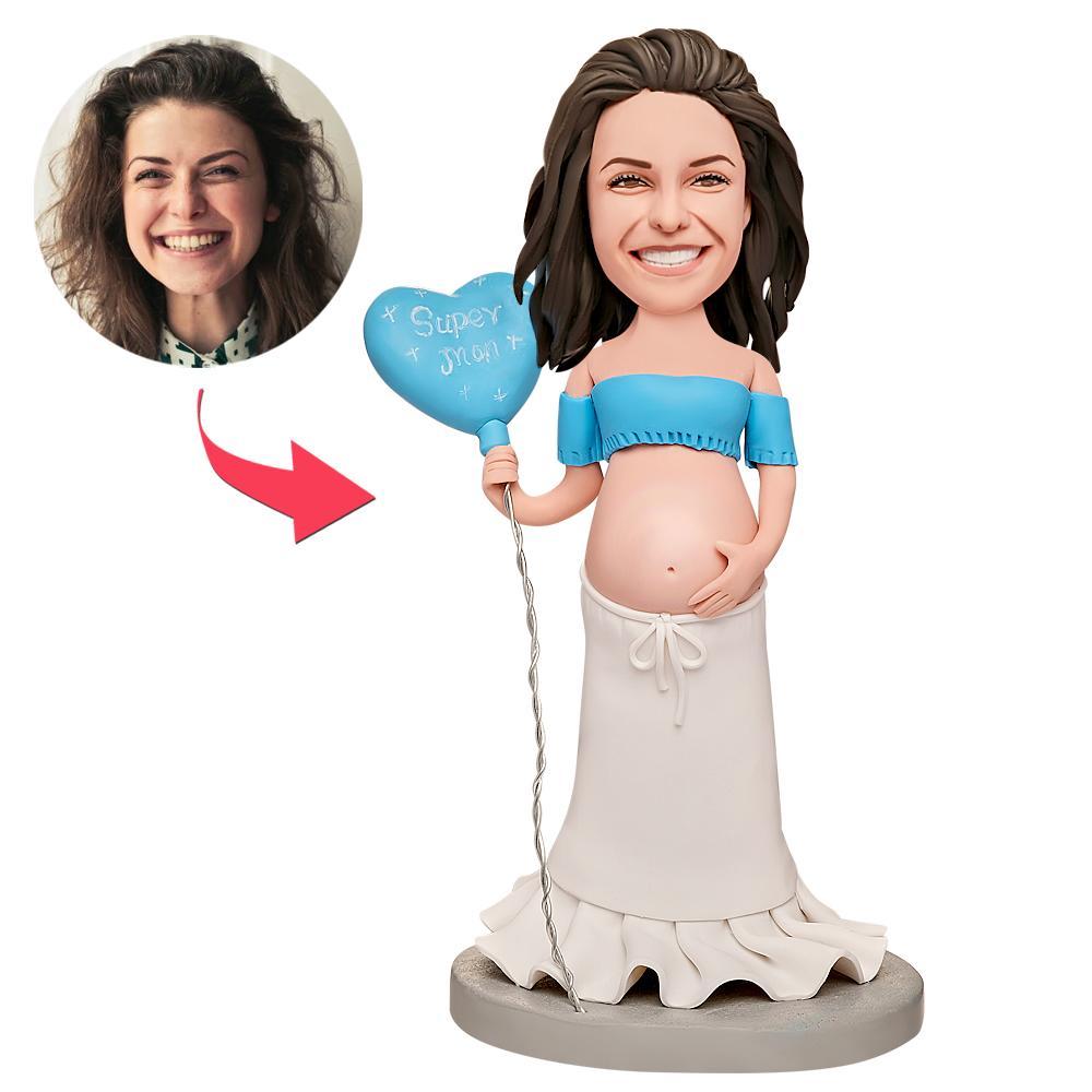 Pregnant Super Mom Holding Balloon Custom Bobblehead With Engraved Text