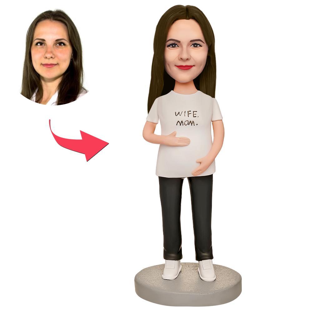 Mother's Day Gift Pregnant Woman in White T-shirt Custom Bobblehead with Engraved Text - soufeelau