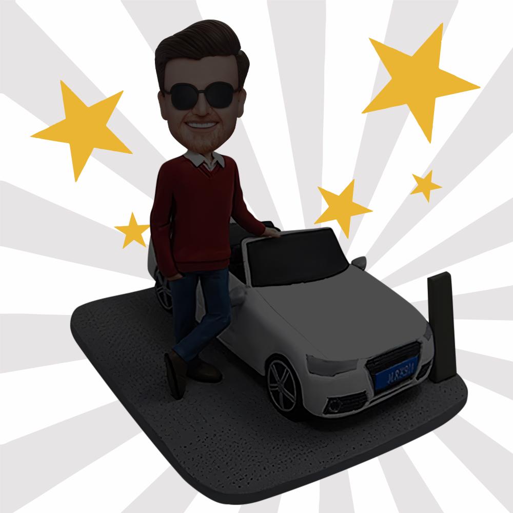 Custom Male Bobbleheads With His Sedan, Personalized Car Bobbleheads Of Yourself - soufeelau