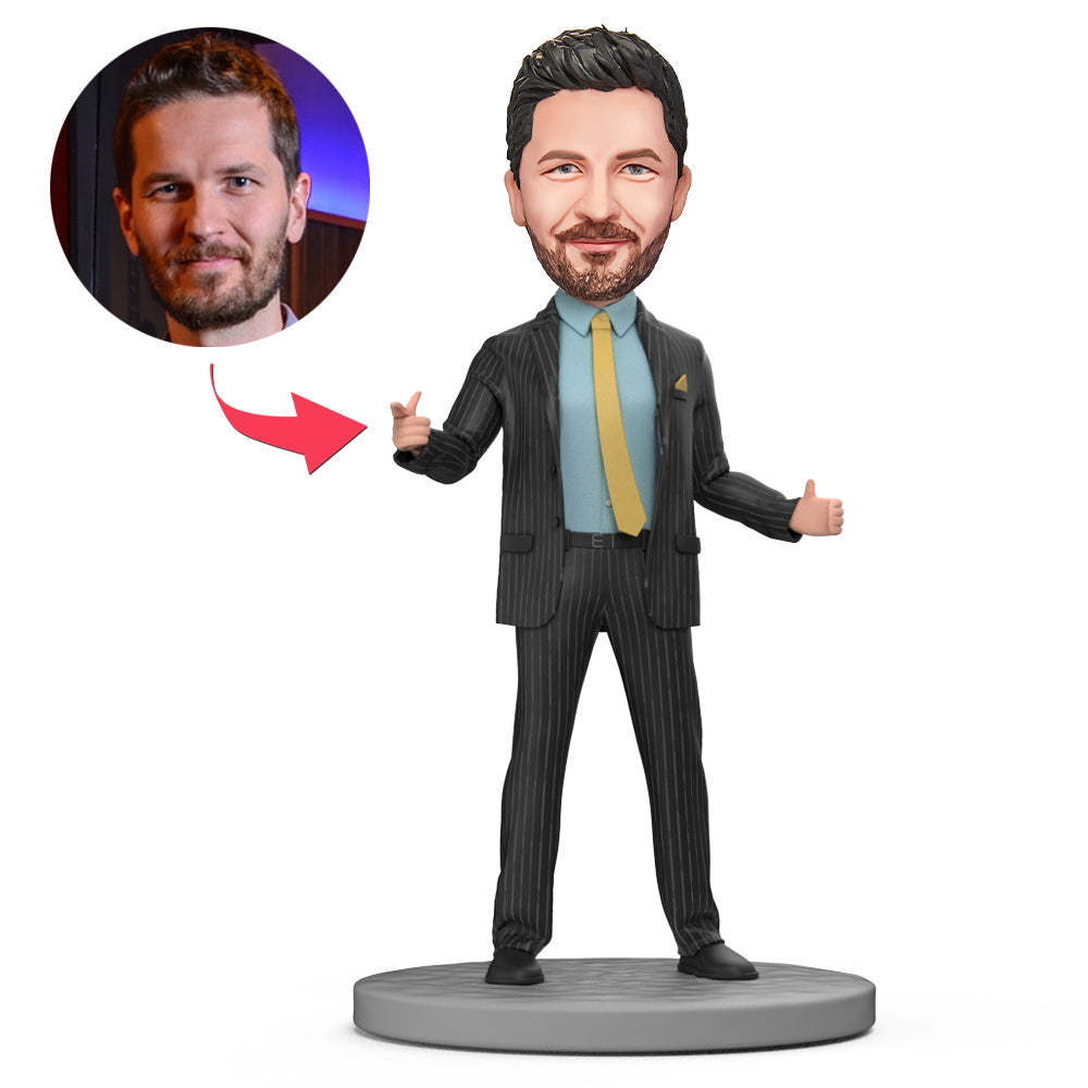Black Suit With Blue Shirt And Yellow Tie Business Man Custom Bobblehead With Engraved Text - soufeelau