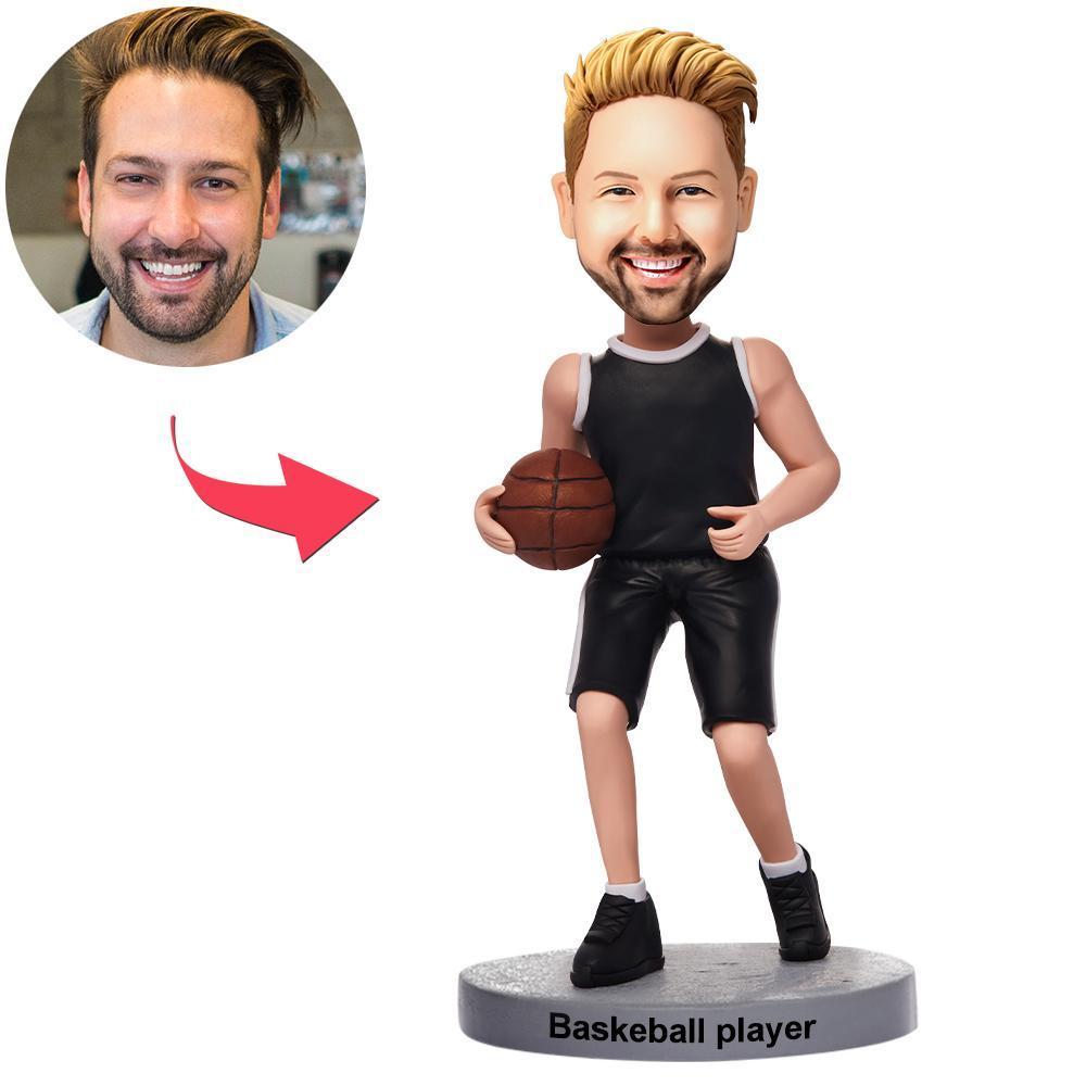 Basketball Player Dribbling In Black Uniform Custom Bobblehead With Engraved Text