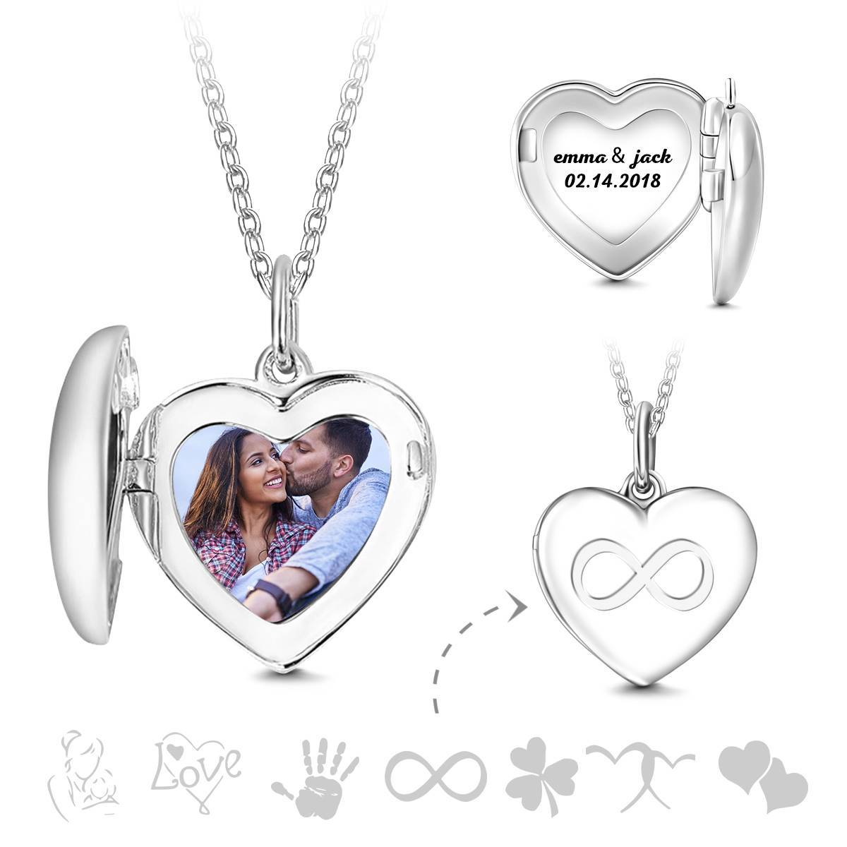 Inifinity Heart Engraved Photo Necklace Silver