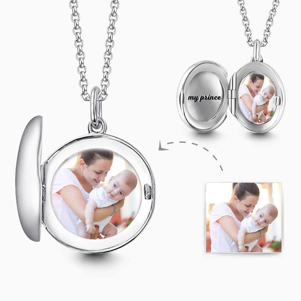 Engraved Round Photo Locket Necklace Silver