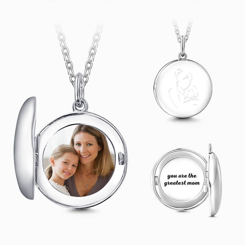 Mother's Necklace - Round Engraved Photo Necklace Silver
