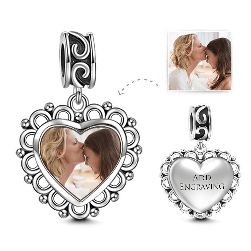 Heart Dangle Engraved Photo Charm Silver