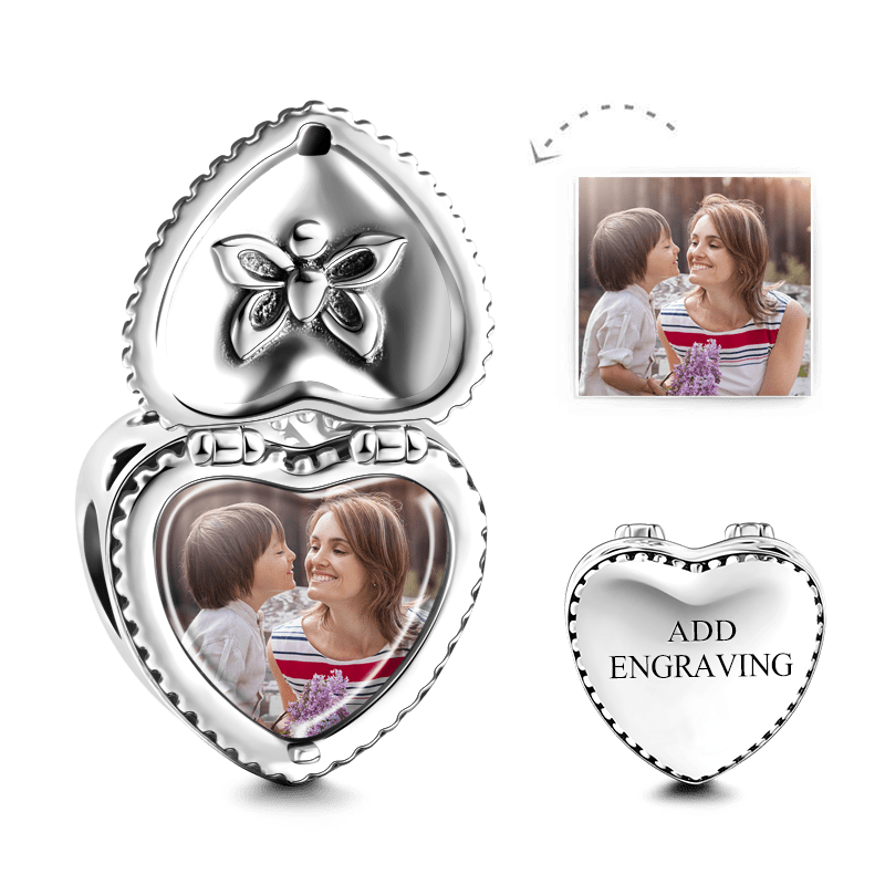 Heart Gift Box Engraved Photo Charm Silver