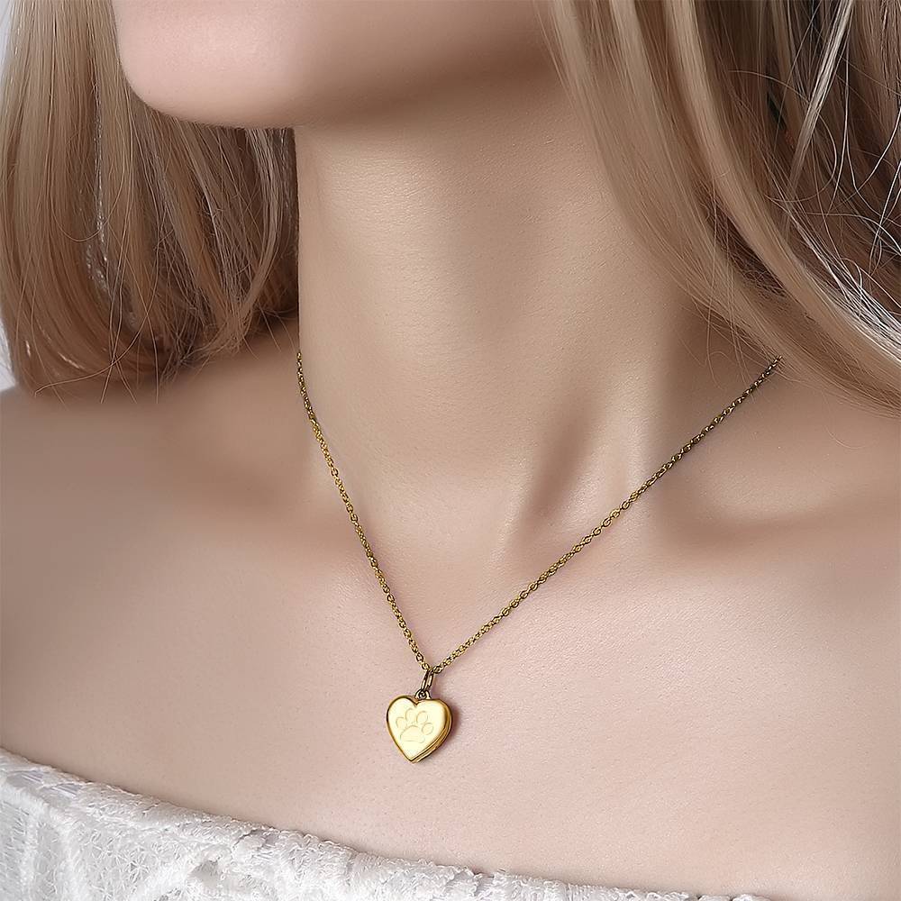 Pawprint Heart Engraved Photo Necklace 14k Gold Plated Silver