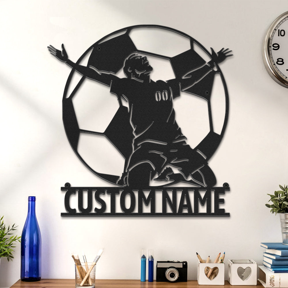 Custom Soccer Signs Metal Wall Art Football Player LED Lights Decor Gift for Him - soufeelau