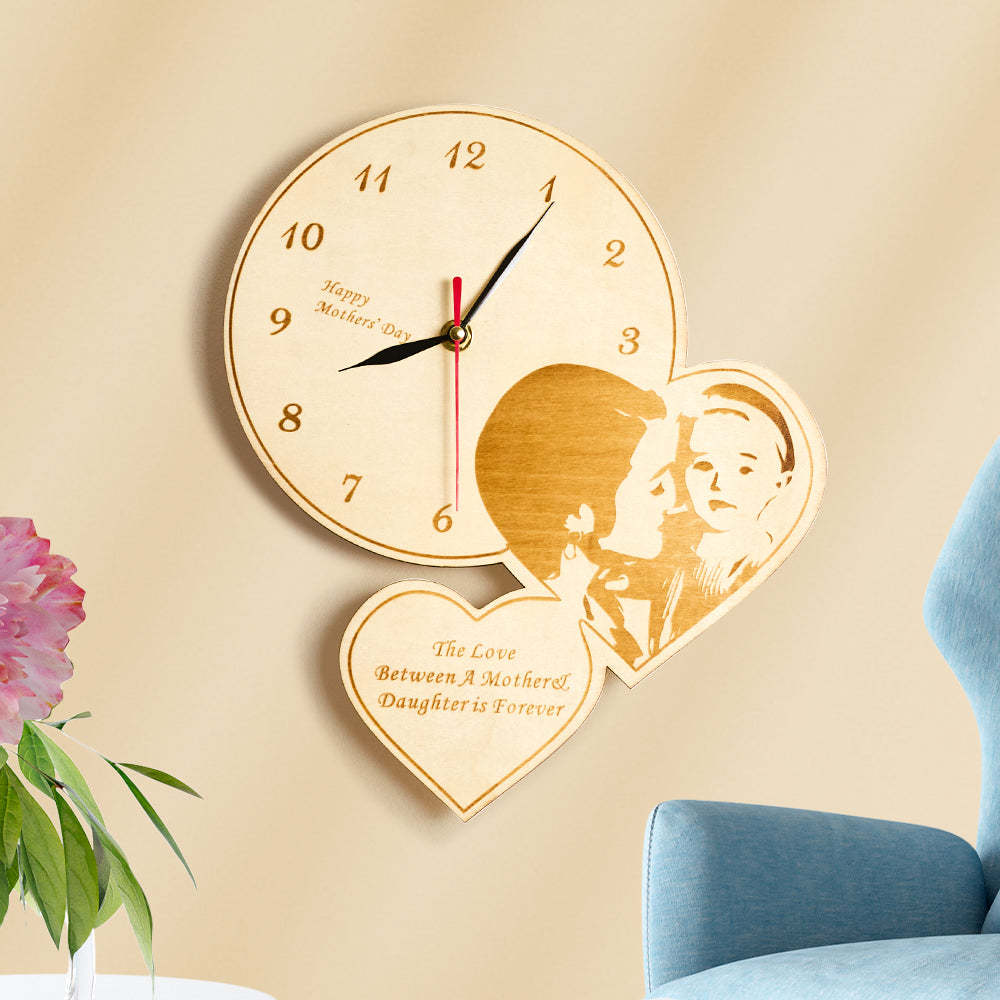 Custom Photo Double Heart Clock Wooden Engraved Wall Clock Bedroom Decoration Mother's Day Gifts - soufeelau