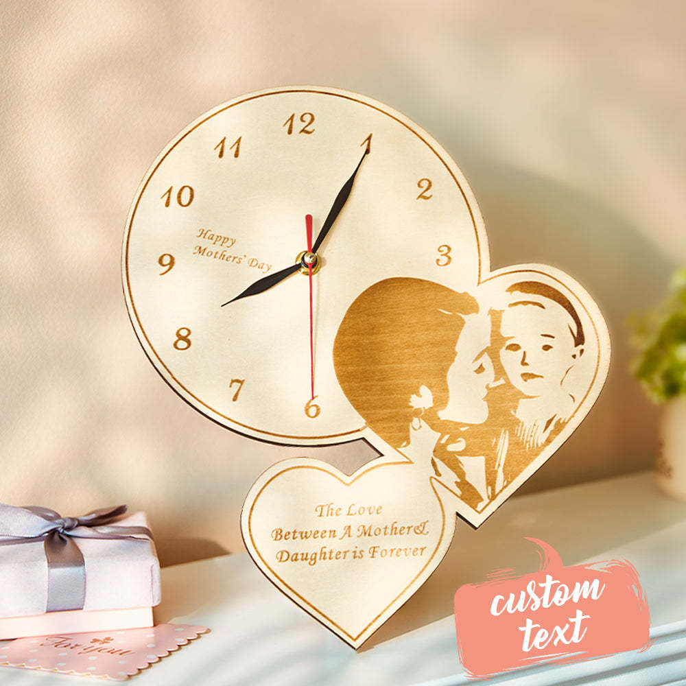 Custom Photo Double Heart Clock Wooden Engraved Wall Clock Bedroom Decoration Mother's Day Gifts - soufeelau