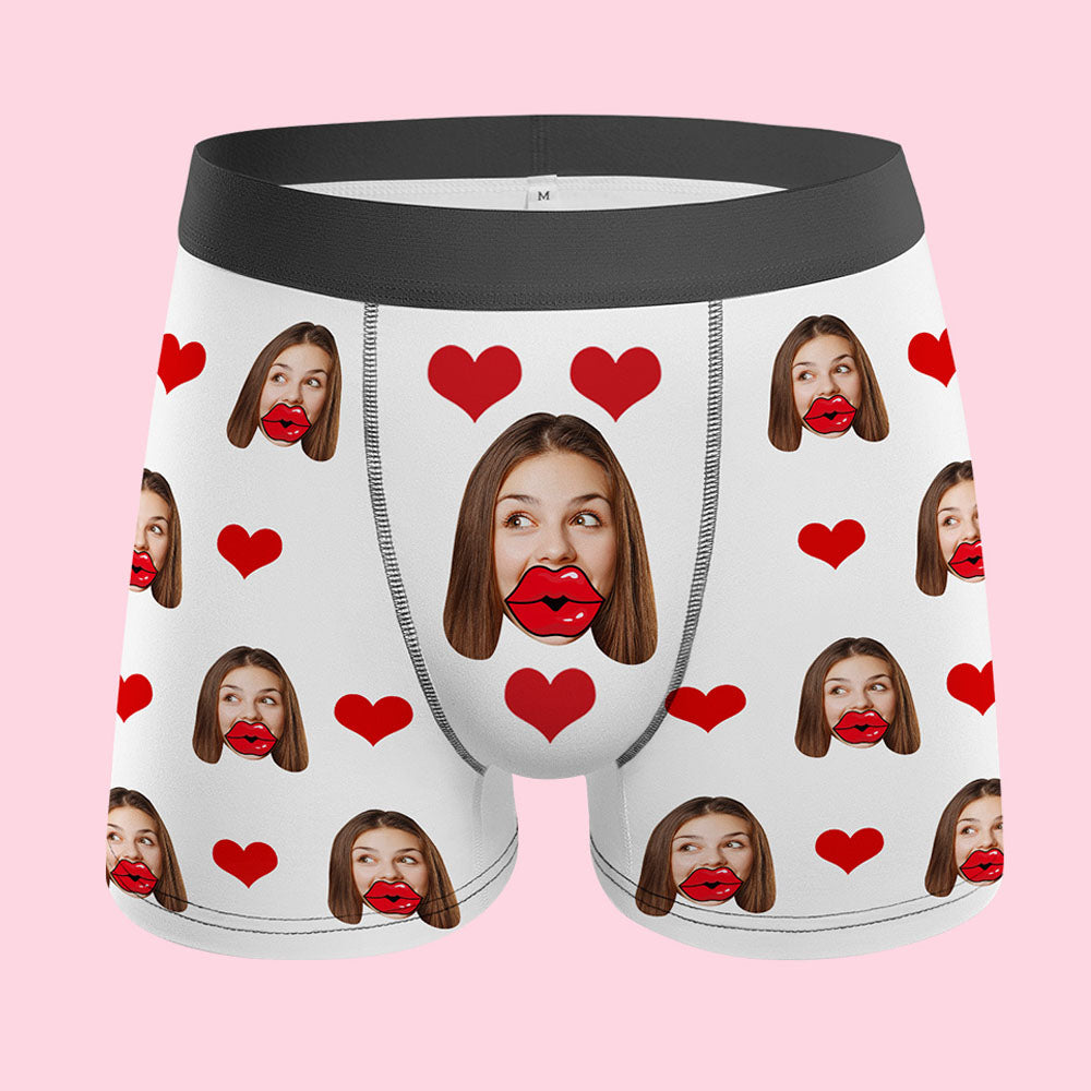 Custom Face Red Lips and Heart Boxer Personalized Valentine's Day Gift For Him - soufeelau