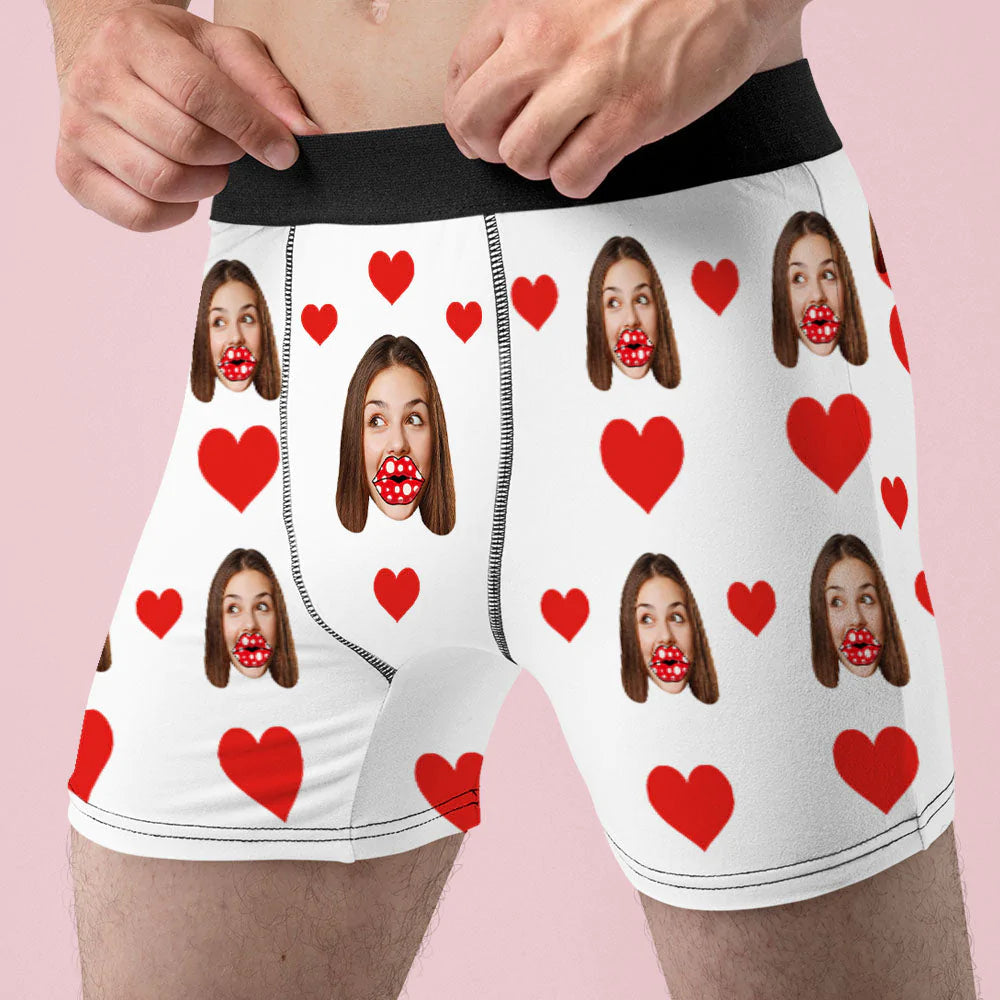 Custom Face Boxers Personalized Heart and Lips Underwear Gift For Boyfriend - soufeelau