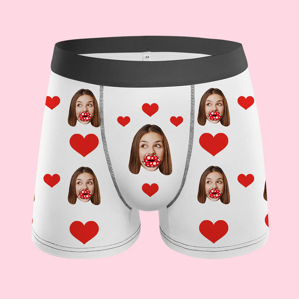 Custom Face Boxers Personalized Heart and Lips Underwear Gift For Boyfriend - soufeelau