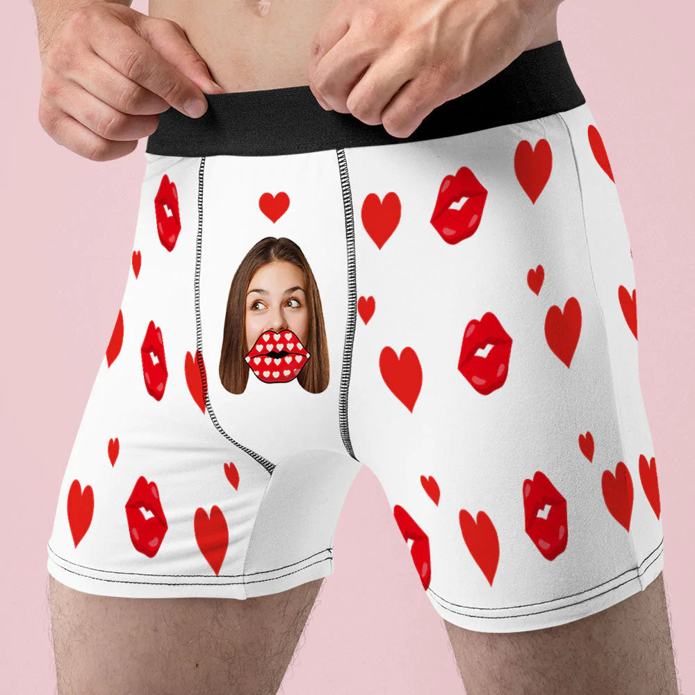 Custom Face Heart Boxer Personalized Funny Lips Boxer Shorts Valentine's Day Gift - soufeelau