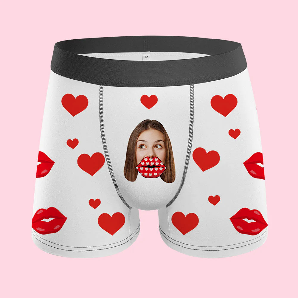 Custom Face Heart Boxer Personalized Funny Lips Boxer Shorts Valentine's Day Gift - soufeelau
