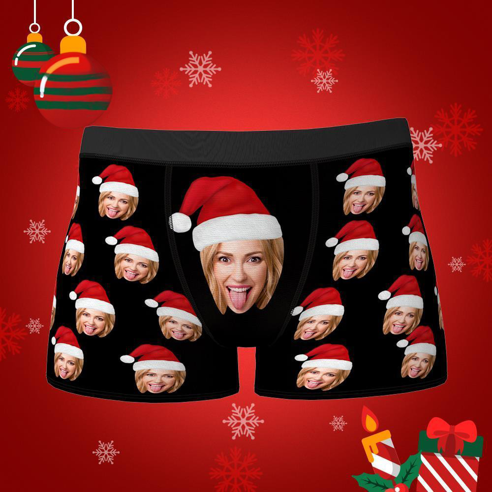 Custom Face Boxers Shorts With Christmas hat Personalized Photo Underwear Christmas Gift For Men