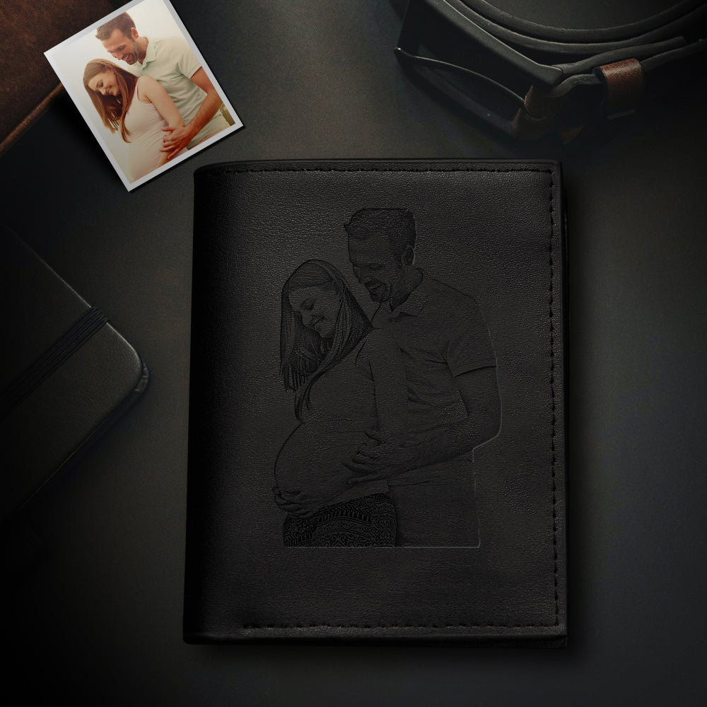 Custom Men's Trifold Vertical Photo Black Wallet Credit Debit Card Holder With Zipper Coin Pouch