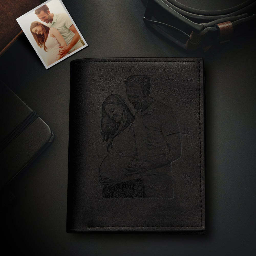 Custom Men's Trifold Vertical Photo Black Wallet Credit Debit Card Holder With Zipper Coin Pouch
