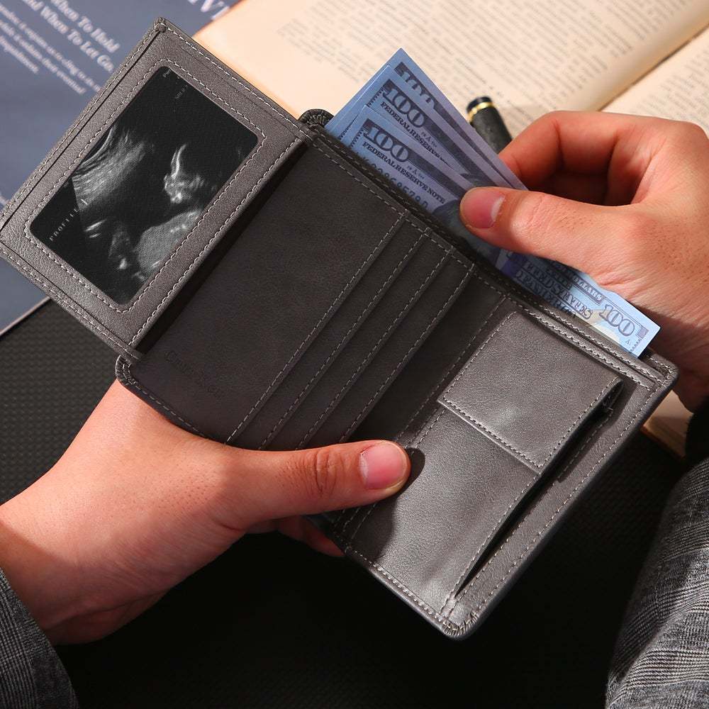 Personalized Photo Leather Bifold Wallets with a Coin Purse & ID Window Pocket Men's Vertical Gray Wallet