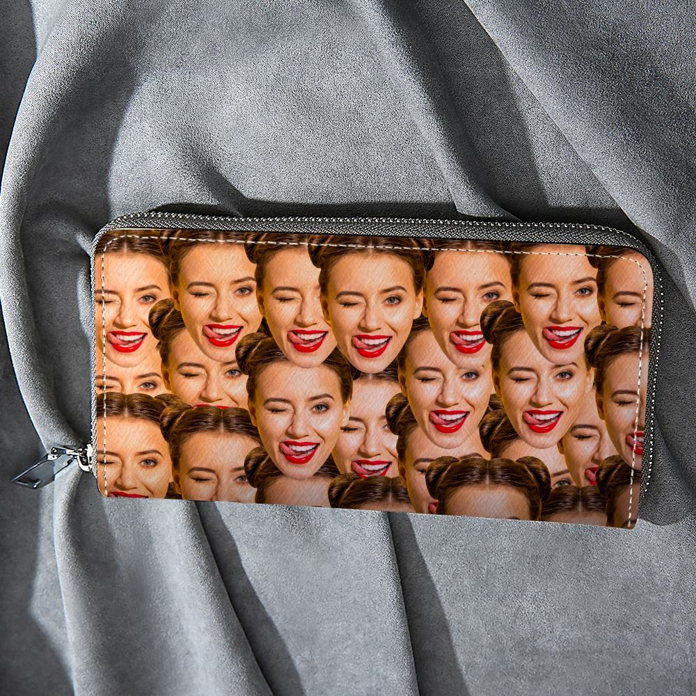 Custom Women's Wallet Long Style Wallet Inscription Photo Face Zipper Leather Wallet Gift For Her - soufeelau