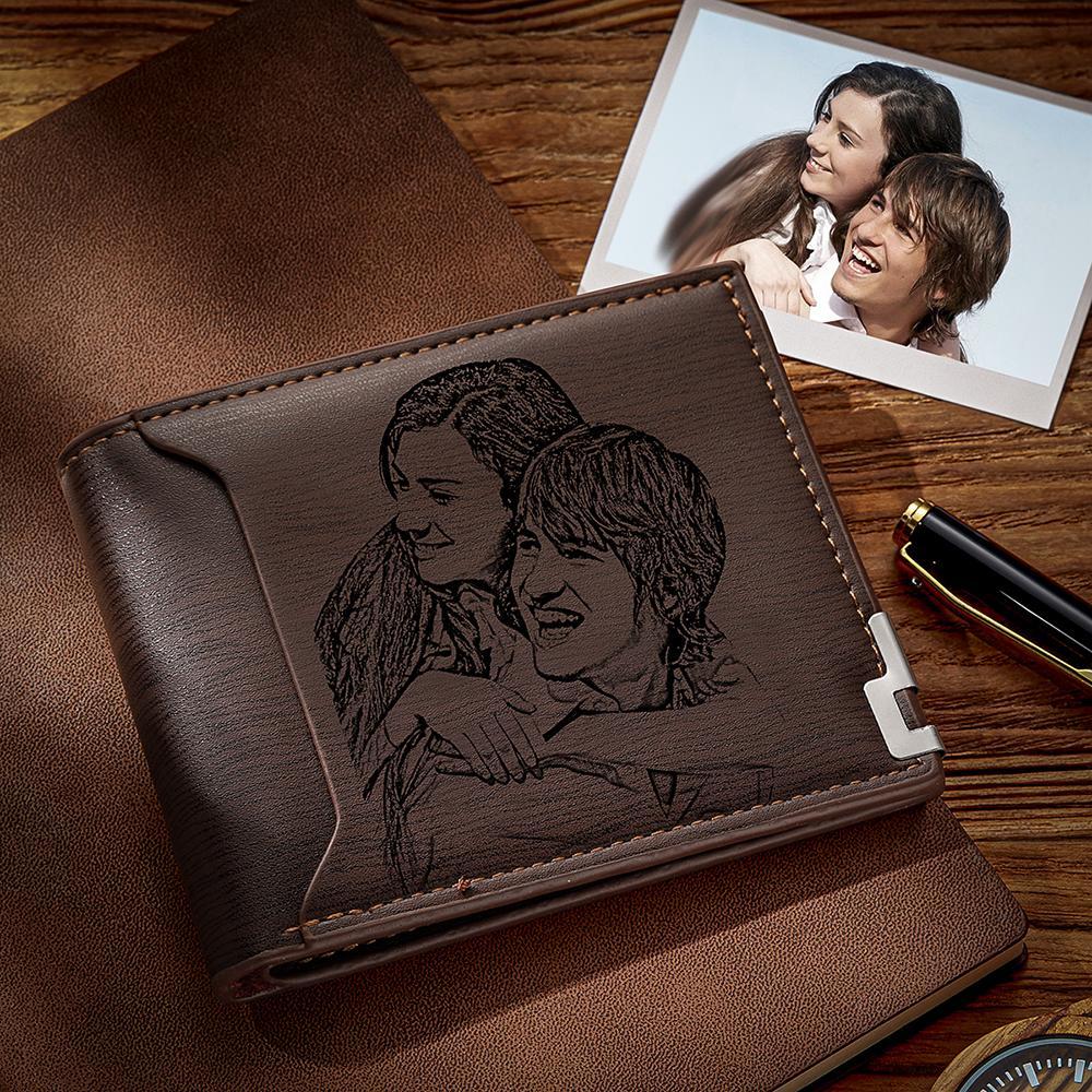 Custom Photo Engraved Wallet Short Style Bifold, Gift for Him - Coffee Leather