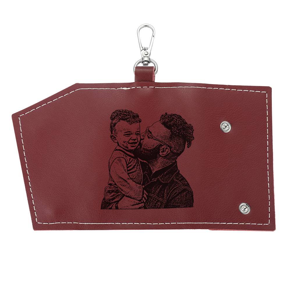 Photo Leather Key Case, Key Holder Wallet Dark Red
