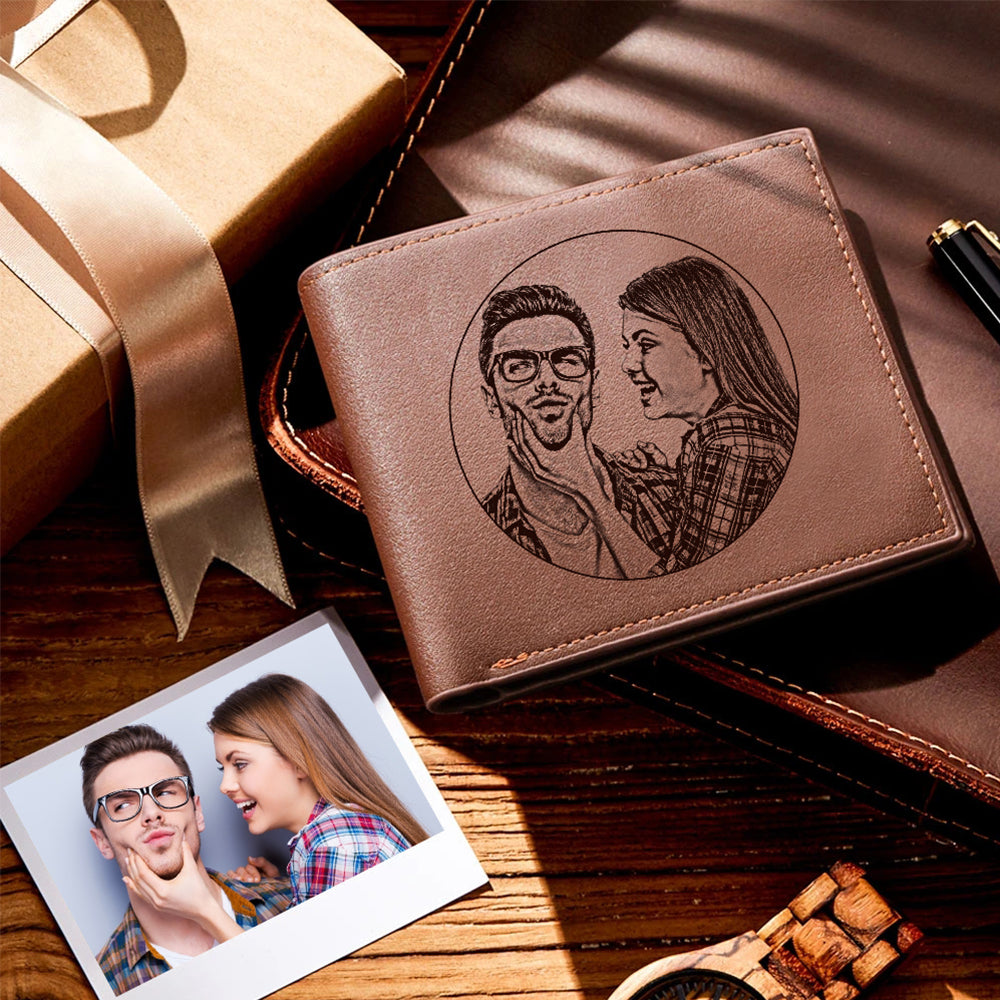 Custom Engraved Photo Wallet Leather Wallet with Zipper for Men - soufeelau