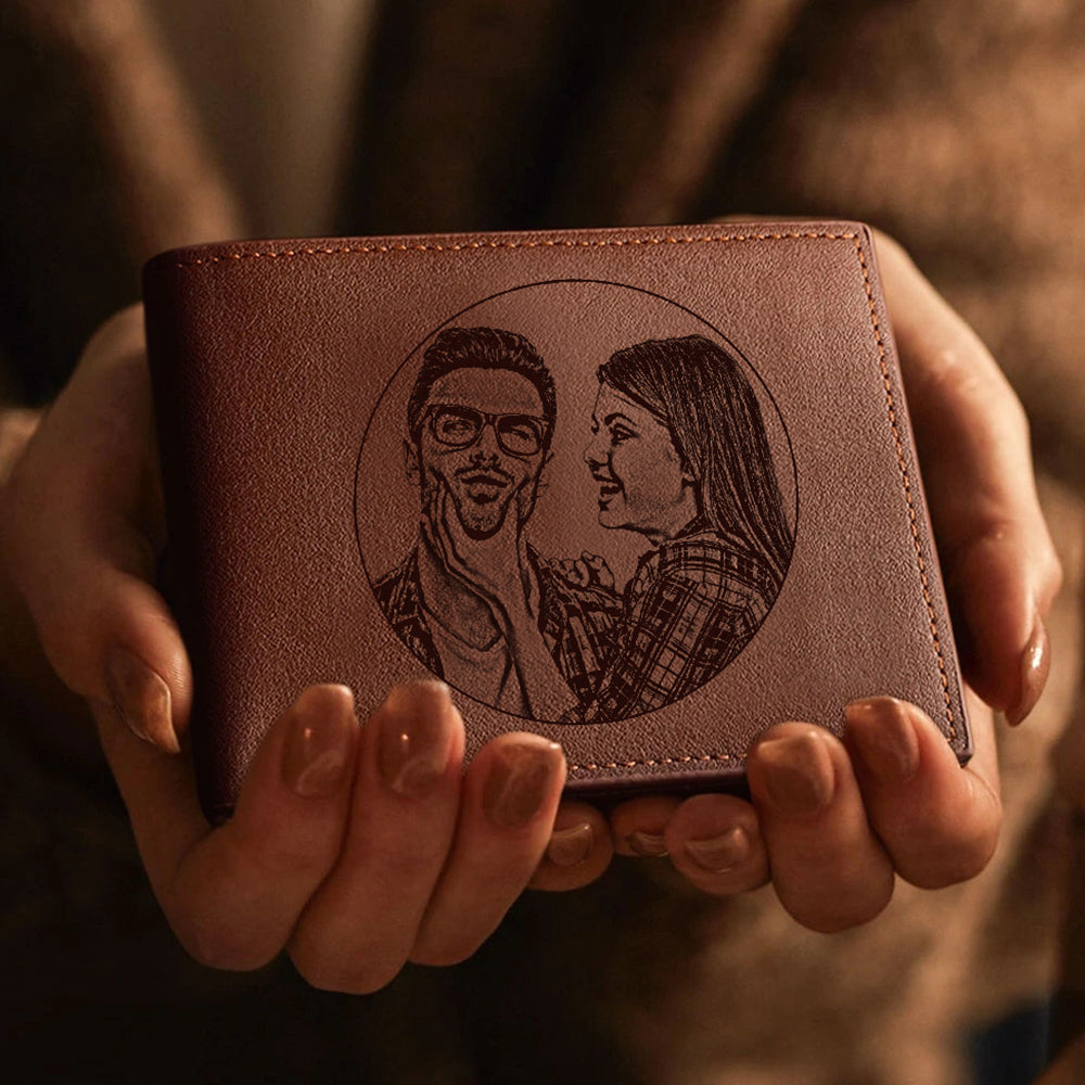 Custom Engraved Photo Wallet Leather Wallet with Zipper for Men - soufeelau
