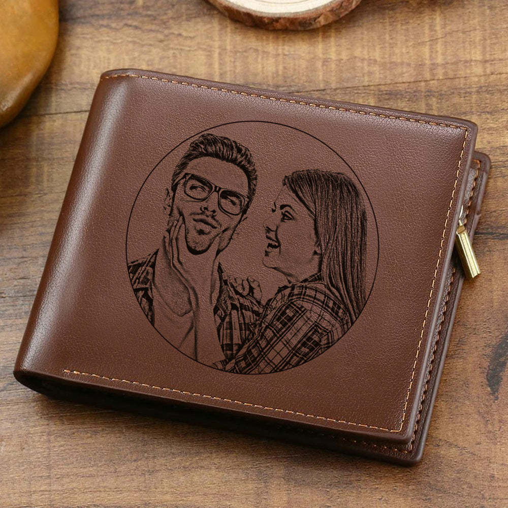 Custom Engraved Photo Wallet Leather Wallet with Zipper for Men - soufeelau