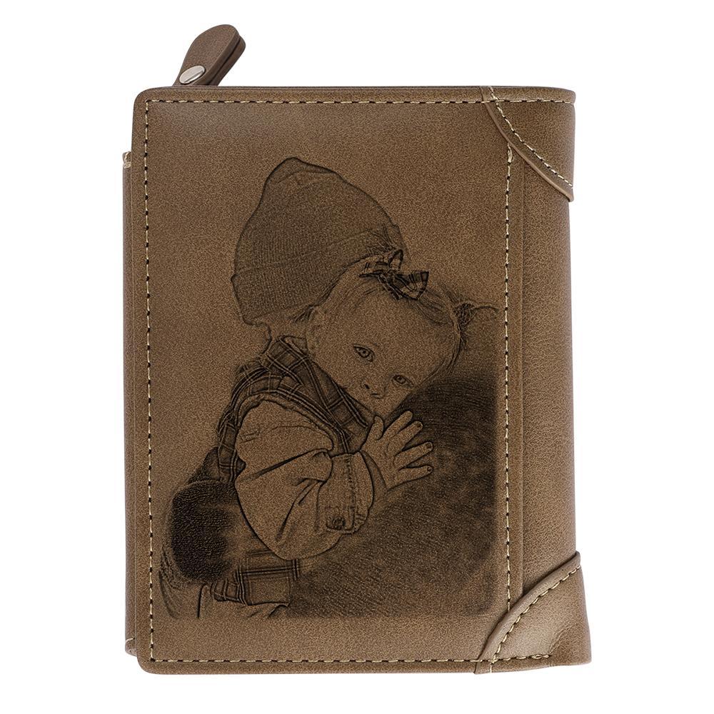 Custom Inscription Photo Engraved Wallet Leather Light Khaki - Two Pictures