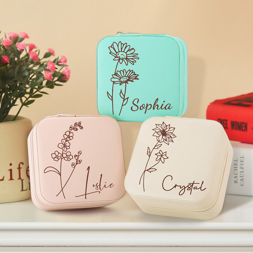 Personalized Birth Flower Jewelry Box Custom Leather Jewelry Organizer Storage Gift for Her - soufeelau