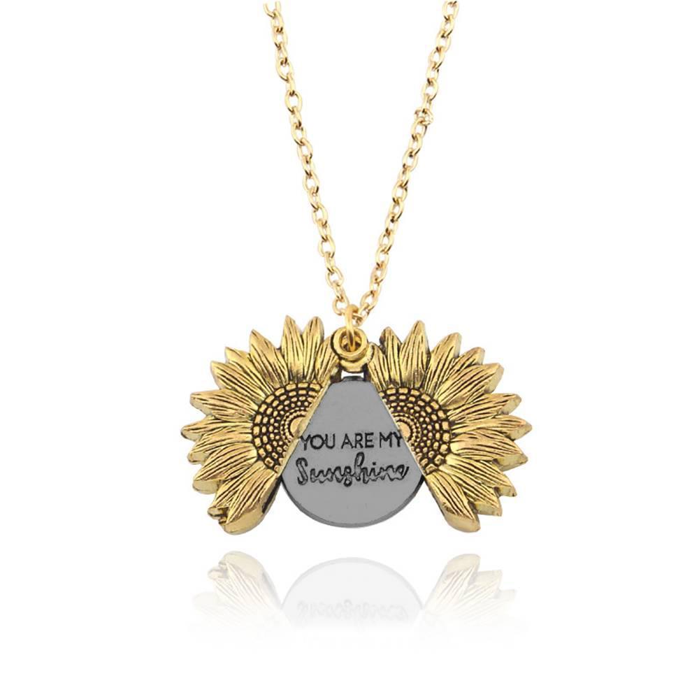 Sunflower Necklace, Double Layer Lettering Vintage Gold and Silver - You are my Sunshine