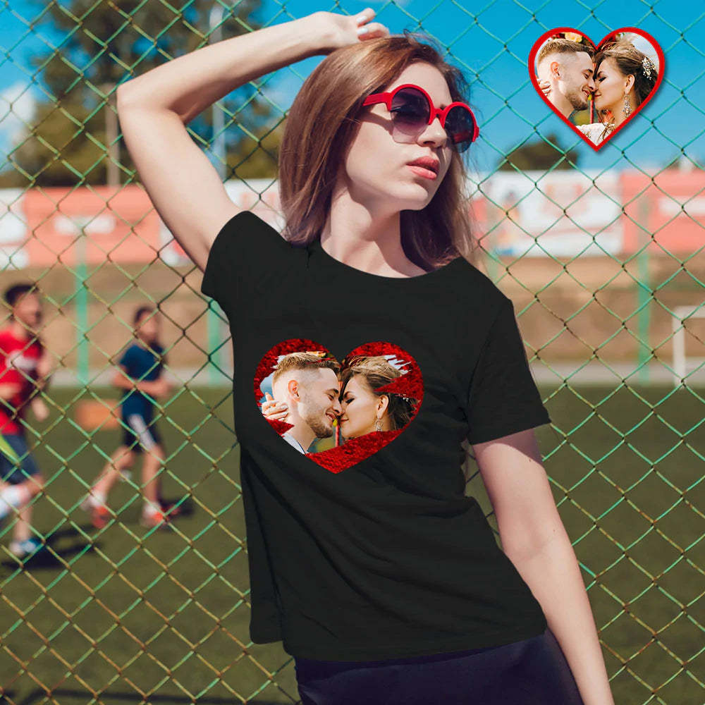 Custom Sequin T-Shirt Personalized Heart-shaped Photo Sequin T-Shirt Creative Gift - soufeelau