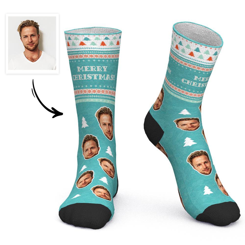 Custom Face Socks Personalized Photo Socks Christmas Gift Santa Socks Beautiful Christmas Tree - Merry Christmas