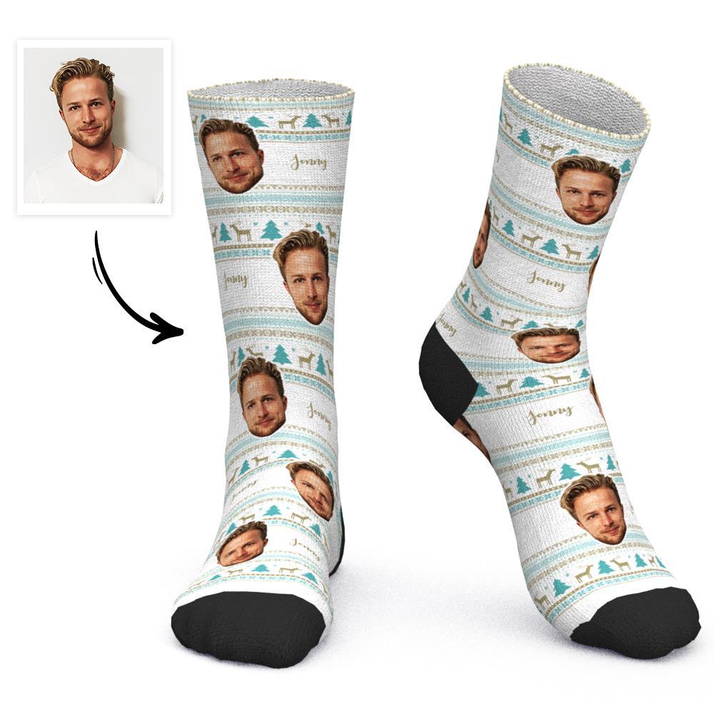 Custom Face Socks Personalized Photo Socks With Text Christmas Gift Santa Socks - Christmas Tree and Elk