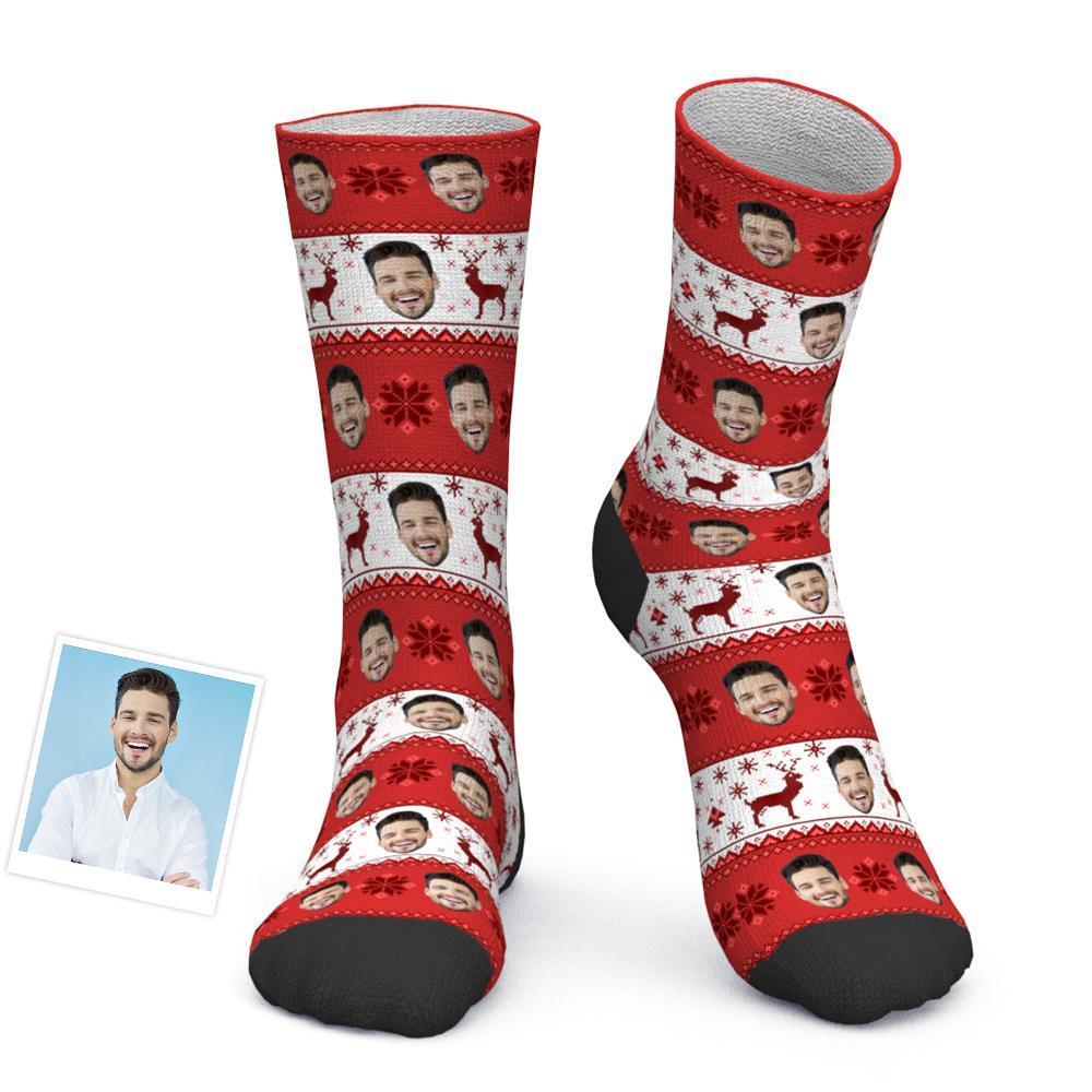 Custom Photo Socks Christmas Socks Christmas Face Socks Over Nordic Pattern