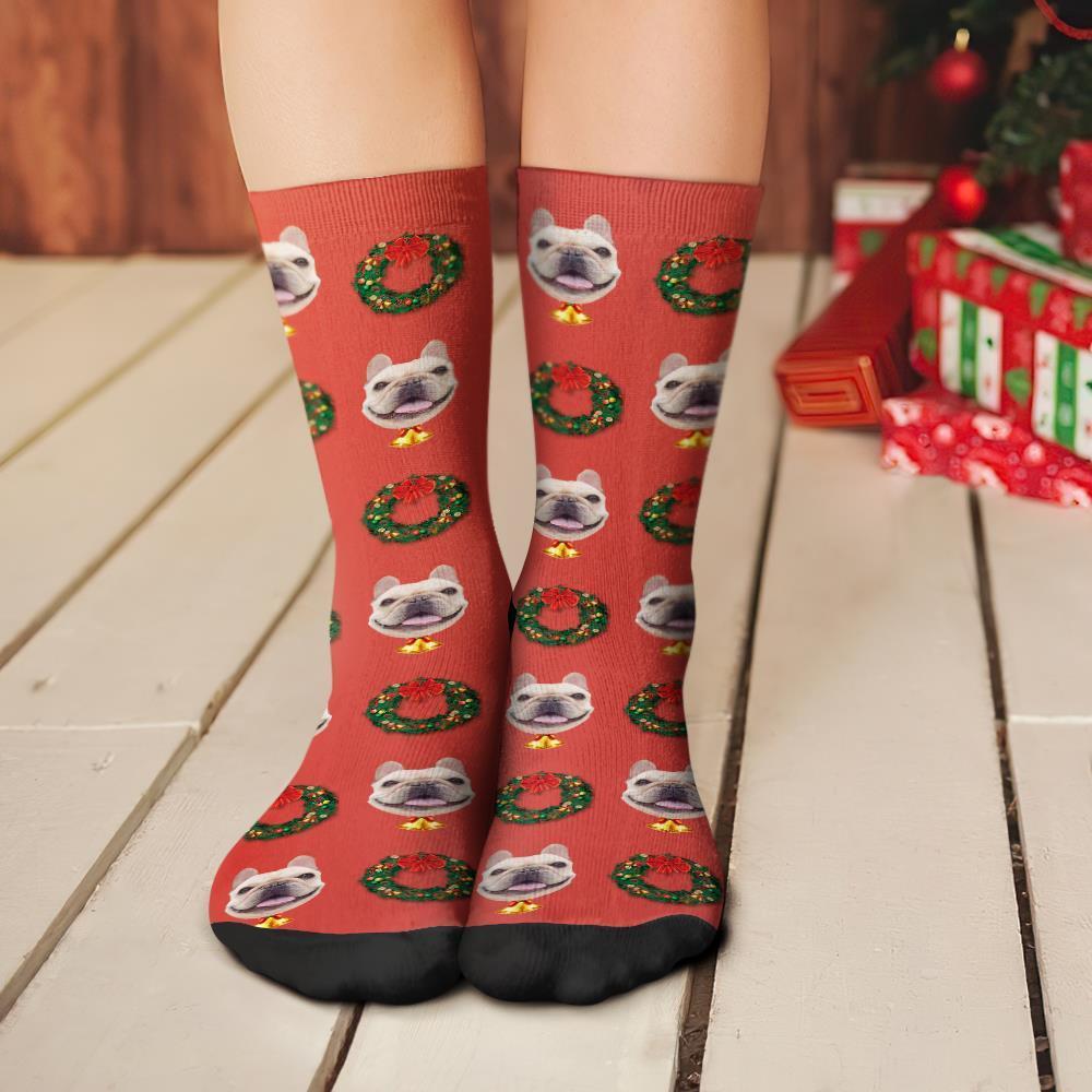 Custom Christmas Socks Personalized Face Funny Socks - Christmas Wreath