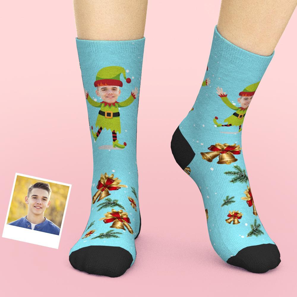 Custom Face Socks Christmas Photo Socks Santa Elf and Bell - soufeelau