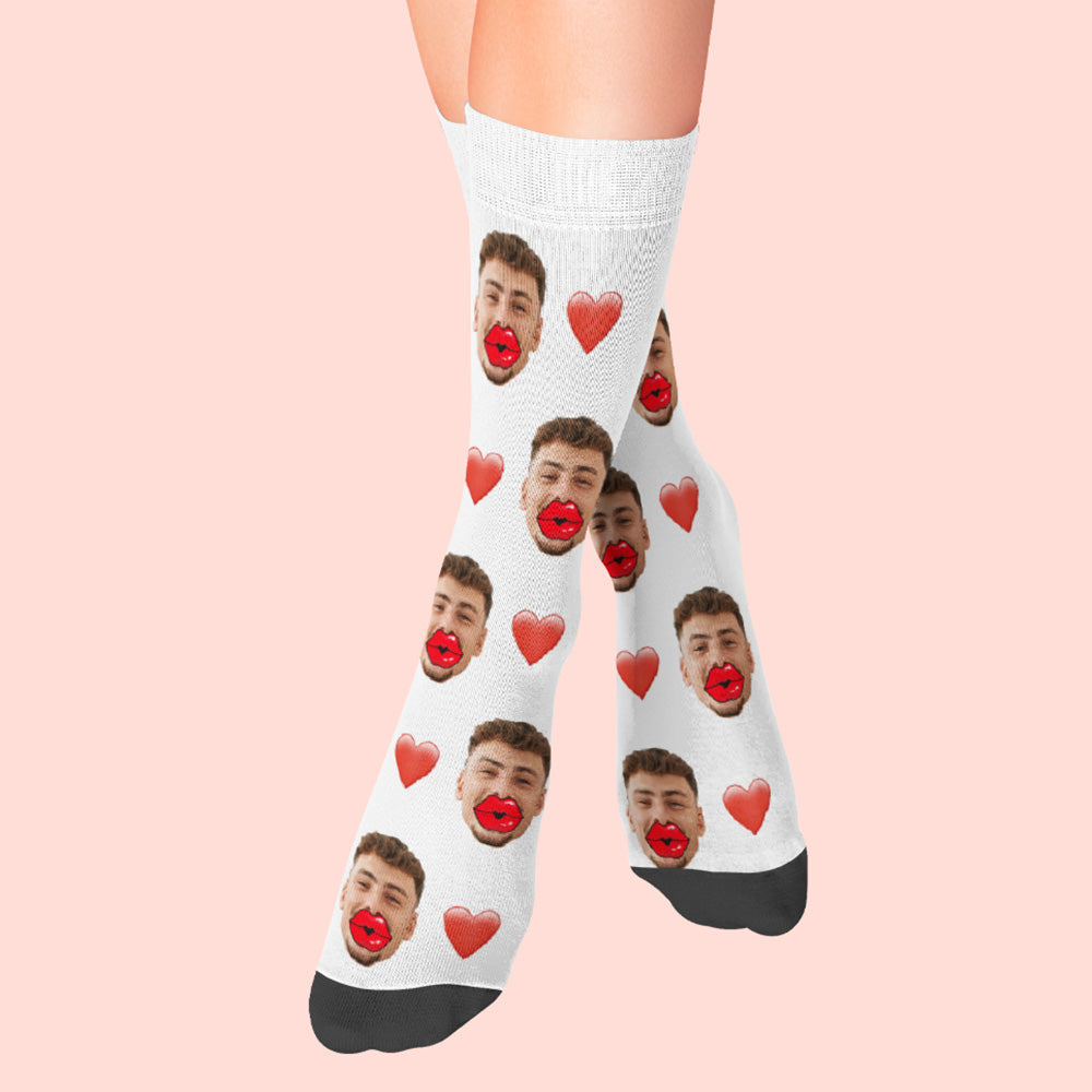 Custom Face Socks Heart and Red Lips Socks Valentine's Day Gift - soufeelau