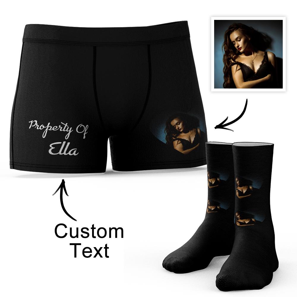 Custom Face Photo Engraving Underwear and Socks Set Love Heart Boxer Shorts Valentine's Day - soufeelau