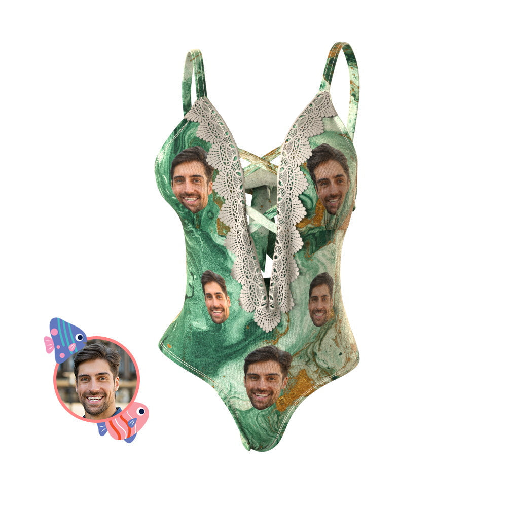 Marbling Custom One-piece Swimsuit Lace-up Swimwear for Beach Party - soufeelau