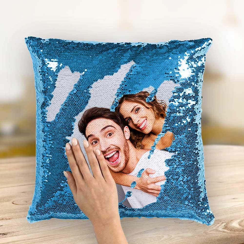 Custom Photo Magic Sequins Pillow Lake Blue Color Shiny 15.75 * 15.75 Unique Gifts - soufeelau