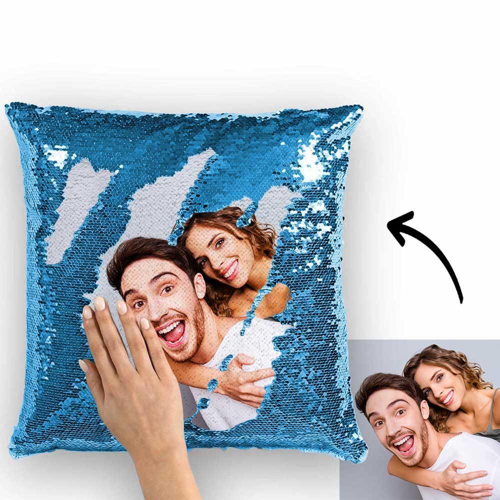 Custom Photo Magic Sequins Pillow Lake Blue Color Shiny 15.75 * 15.75 Unique Gifts - soufeelau