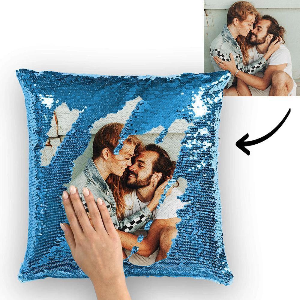 Custom Pillowcase Photo Magic Sequins Pillowcase Lake Blue Color Shiny 15.75 * 15.75 Unique Gifts - soufeelau