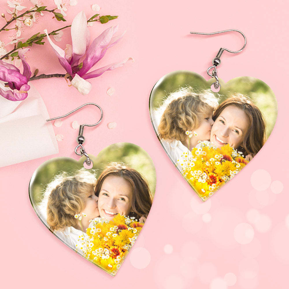 Custom Photo Earrings Acrylic Earrings Personalized Heart Earrings Gift For Mother's Day For Women - soufeelau