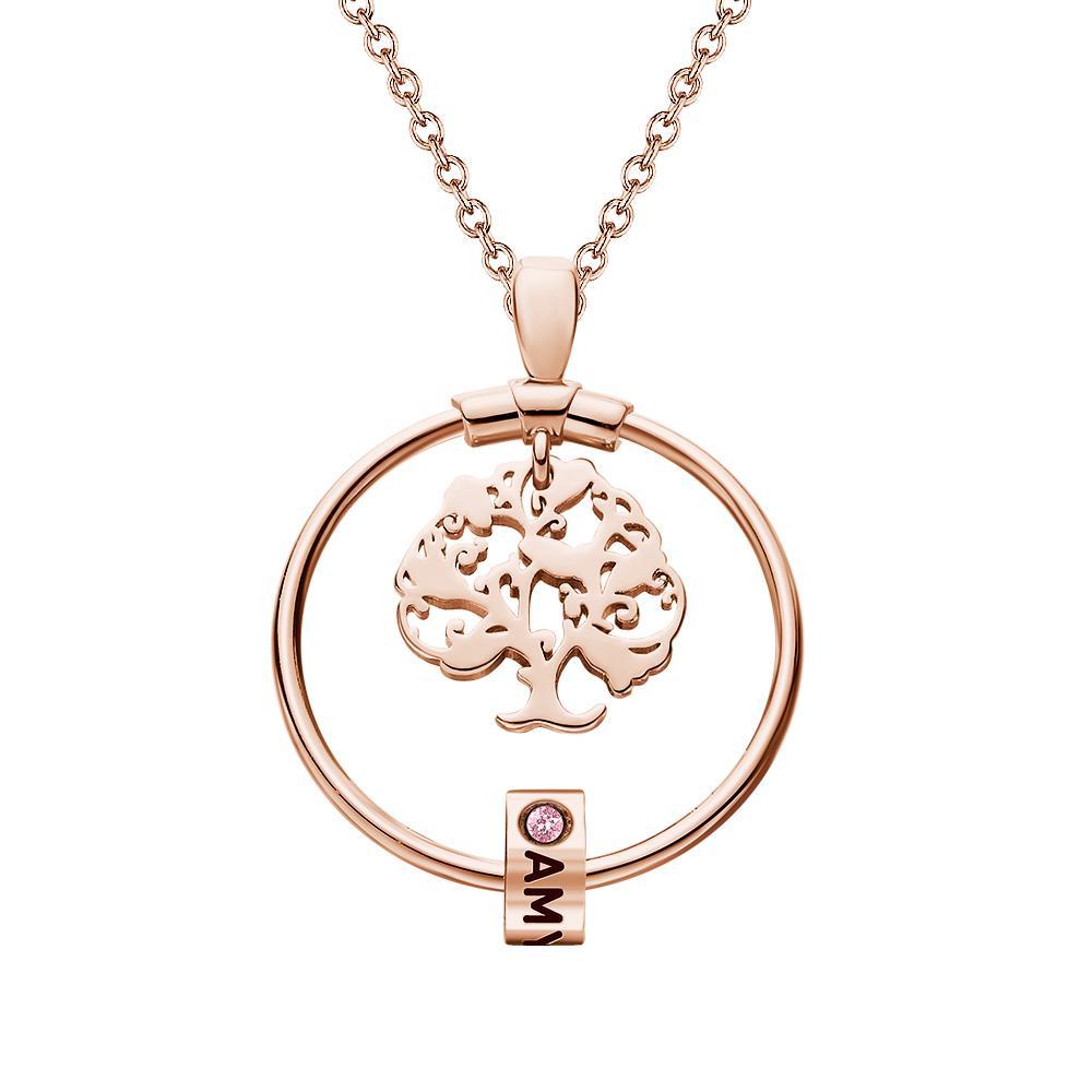 Life Tree Engraved Necklace With Custom One Birthstone Gifts - Rose Gold