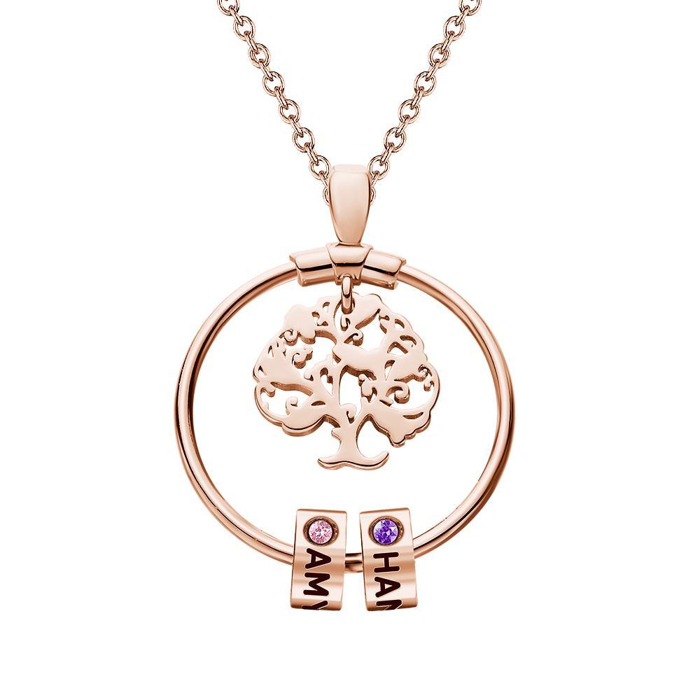 Life Tree Engraved Necklace With Custom One Birthstone Gifts - Rose Gold