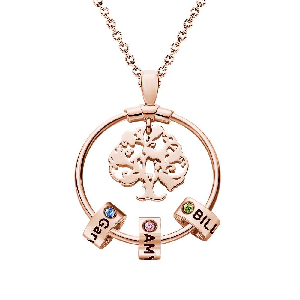 Life Tree Engraved Necklace With Custom One Birthstone Gifts - Rose Gold