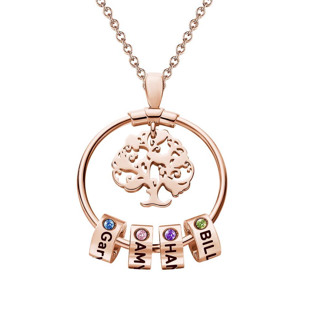 Life Tree Engraved Necklace With Custom One Birthstone Gifts - Rose Gold